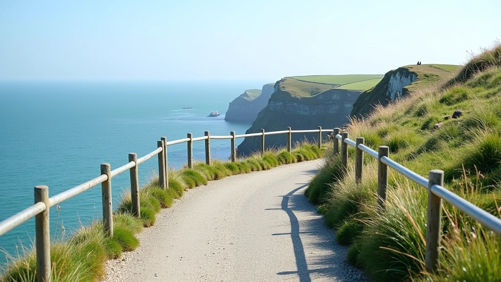 Well-maintained paved pathway along cliff edge with safety railings and ocean view extending to the horizon