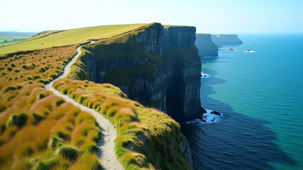 Scenic Irish coastal cliffs with winding walking path