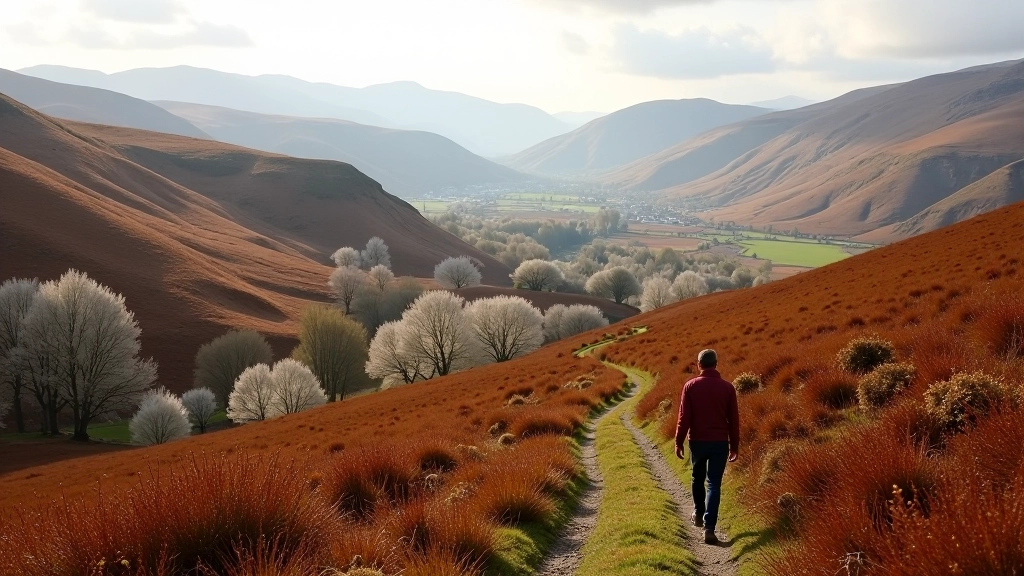Autumn hillside with golden bracken and scattered birch trees, mountain vista in soft afternoon light