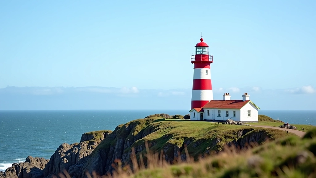 Red and white lighthouse on rocky coastal outcrop, Bailey Lighthouse Howth with surrounding seascape and rocky shore