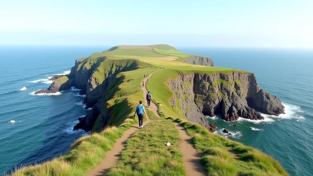 Coastal headland with rocky outcrops, ocean views, and winding hiking trail with hikers in distance