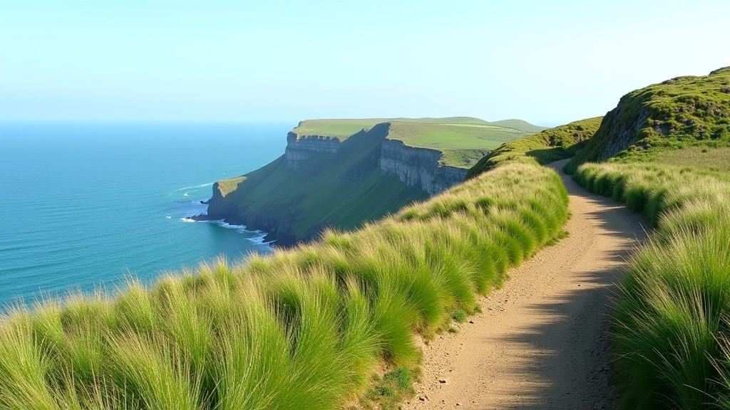 Scenic coastal path with grassy cliffs, ocean horizon, and distant headland, walking trail along Dublin coast with sea views