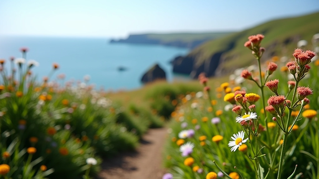 Coastal cliffs overlooking green fields