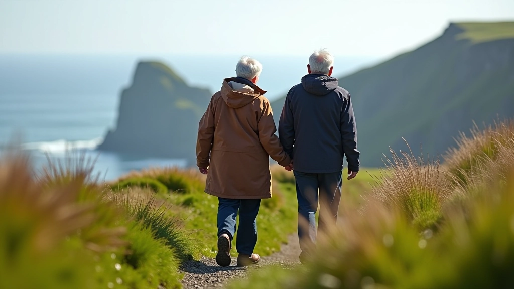 Senior couple walking on cliff-top path with Atlantic Ocean view, dressed in layers for coastal weather