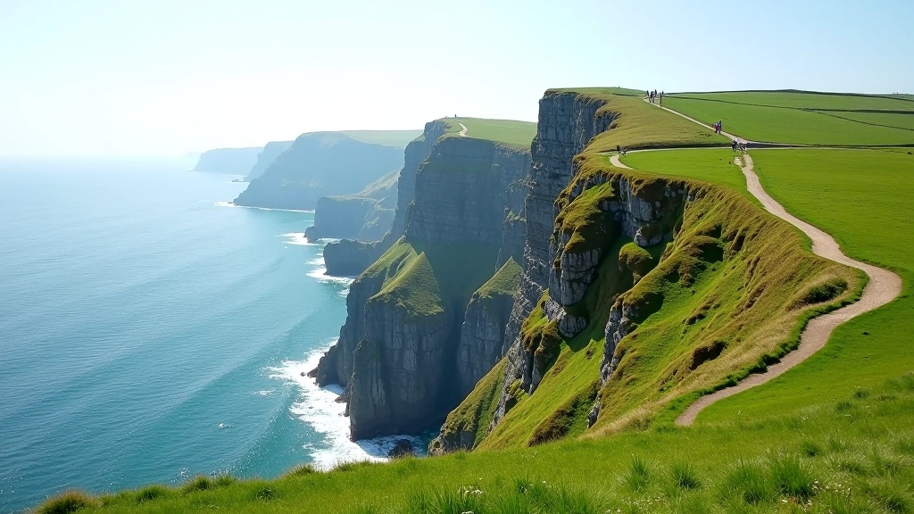 Dramatic coastal cliffs rising from the Atlantic Ocean with grassy slopes and hiking path visible