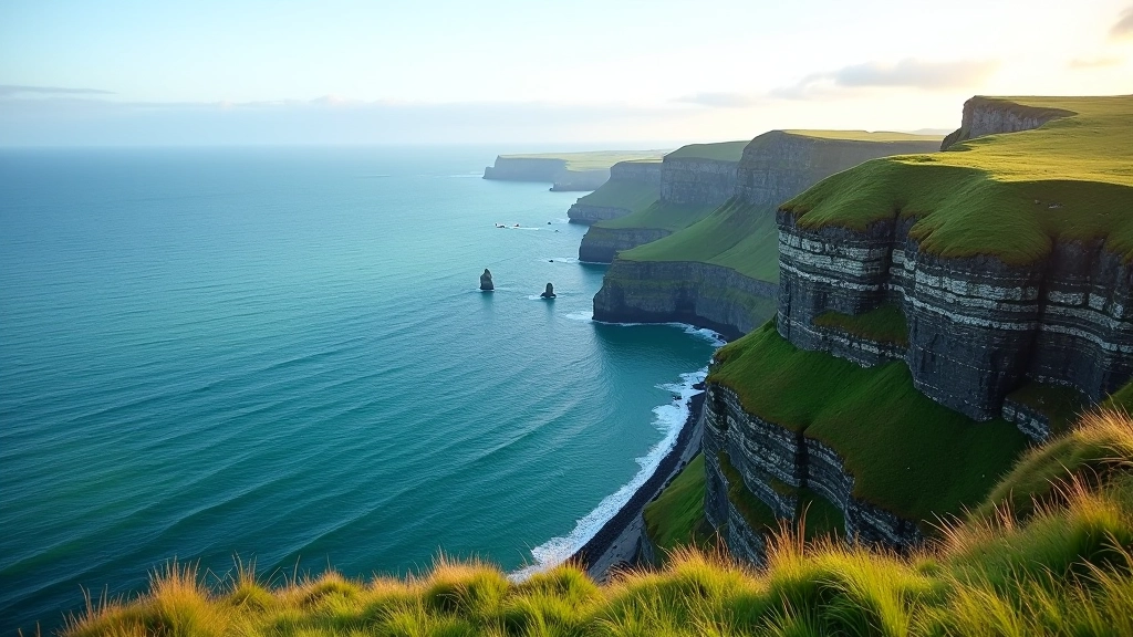 Rocky coastal headland with dramatic sea cliffs dropping to turquoise water and distant island views
