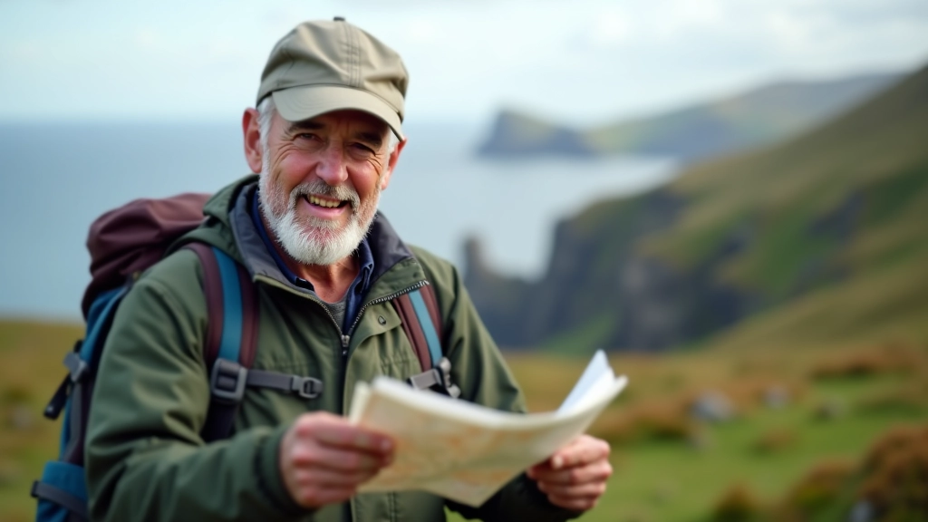 Hiker with backpack looking at trail map with mountains and valley landscape behind