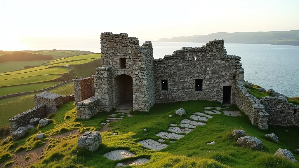 Ancient stone fort structure with Atlantic Ocean and green pasture landscape