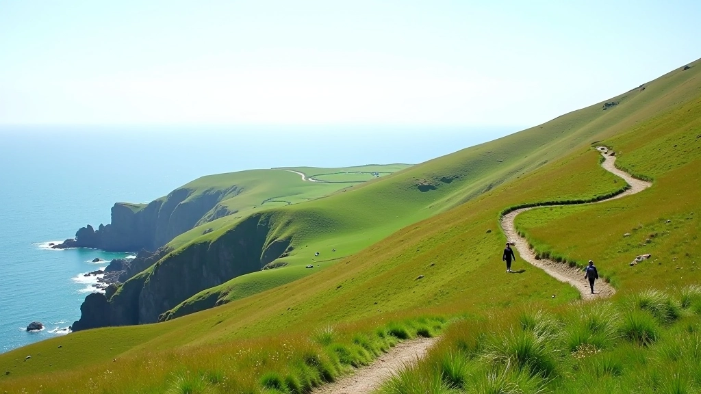Coastal headland with winding walking path and distant sea views