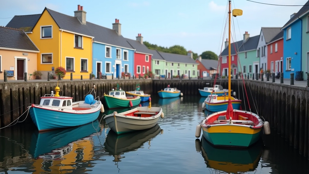 Seaside village with colorful boats and buildings near harbor, Howth village waterfront view with residential architecture
