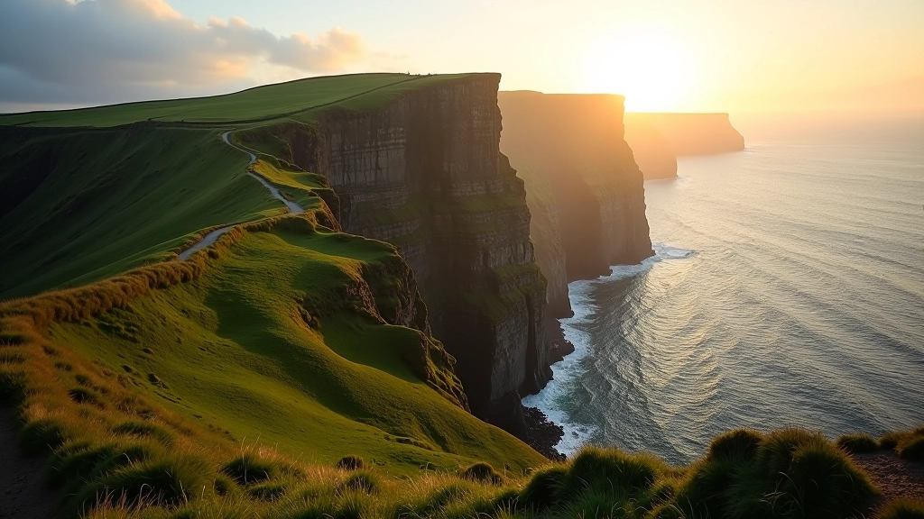 Scenic coastal walking trail in Ireland with dramatic cliffs and ocean views