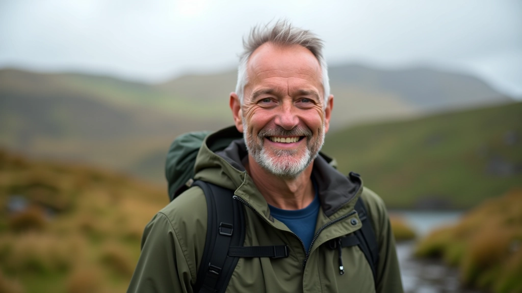 Walking guide expert, portrait from chest up, outdoor setting with mountains in background