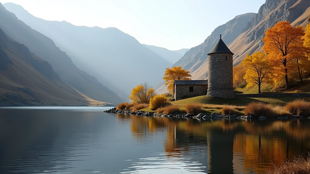 Mountain lake nestled in valley with ancient stone tower ruins visible on hillside, golden autumn trees reflected in still water