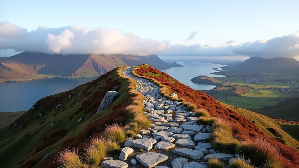 Rocky mountain ridge path with distant purple mountains and green valley, autumn cloud shadows across slopes
