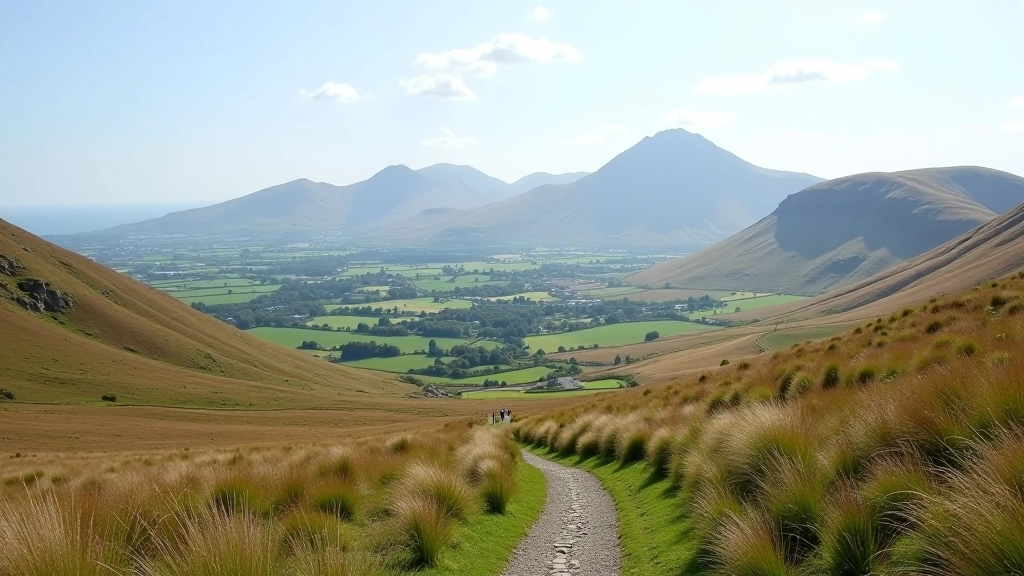 Rolling mountain landscape with purple-hued distant peaks, green valleys, and well-maintained hiking trail