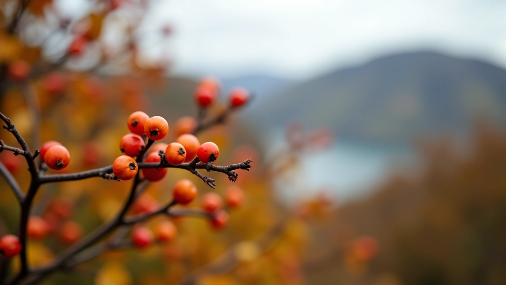 Close-up of rowan berries and autumn foliage with soft mountain background, natural seasonal colors
