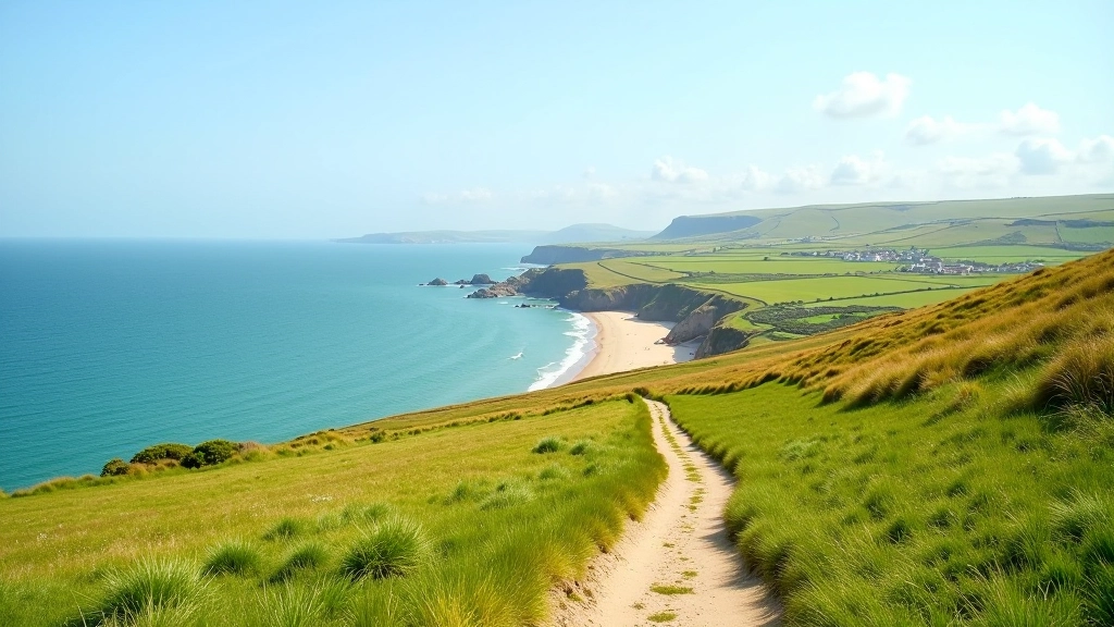 Scenic coastal valley with sandy beach, sea cliffs, and single-track walking path winding through green countryside