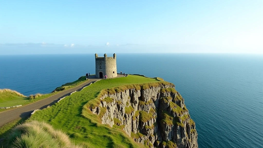 View of O'Brien's Tower on the cliff edge with visitors standing near the structure and ocean backdrop