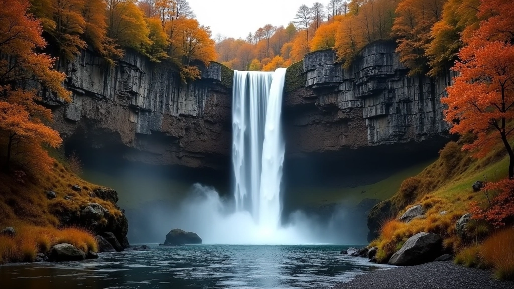 Tall waterfall cascading down rocky cliff surrounded by autumn forest trees with golden foliage