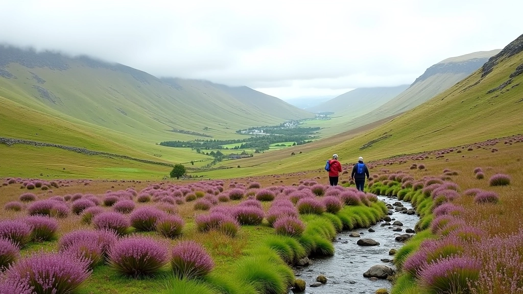 Rolling mountain landscape with hiking trail through moorland