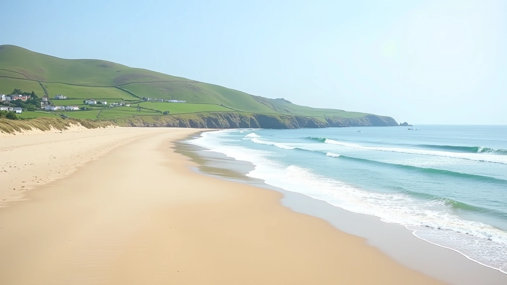 Long sandy beach with waves, backed by green hills and scattered houses