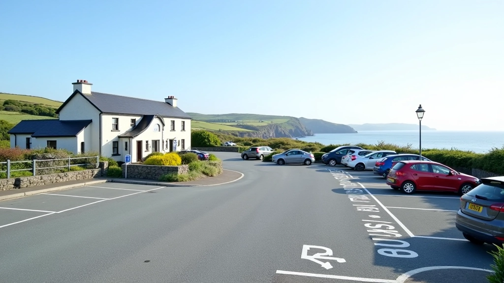 Car park at Cliffs of Moher visitor centre with accessible parking spaces and path signage visible